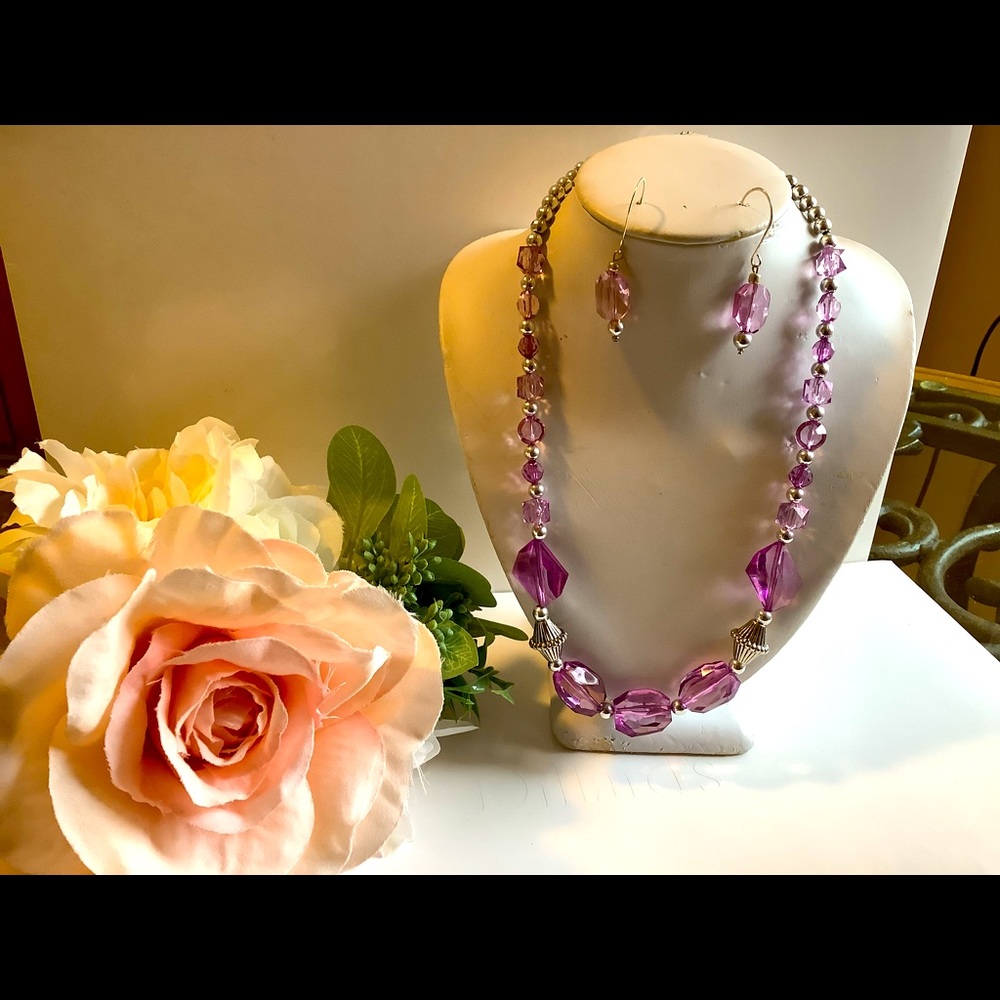 One of a kind Handmade Lavender purple necklace and earring set with a silver